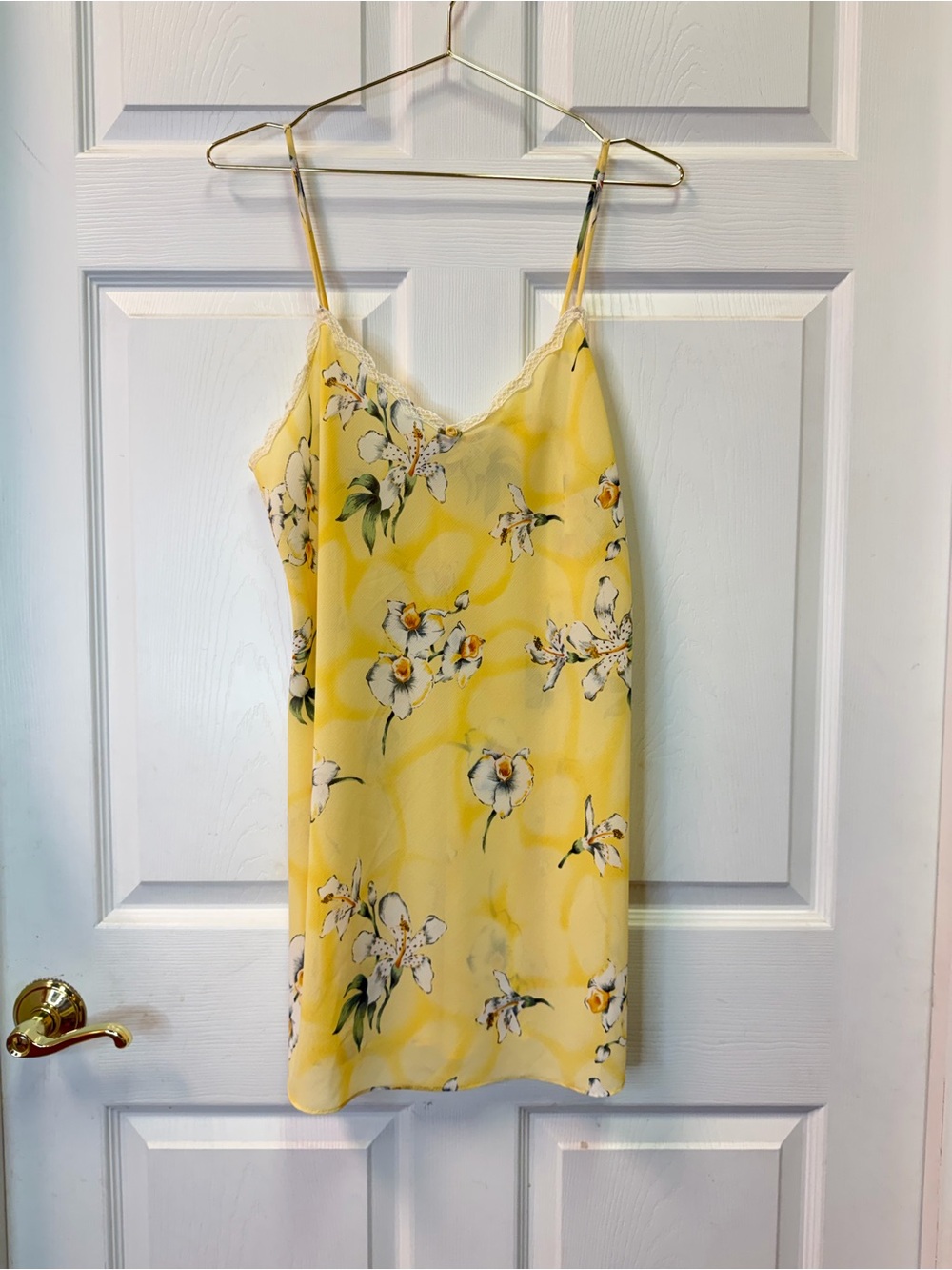 Vintage Yellow Floral Slip nightgown with Lace Trim Sheer California Dynasty